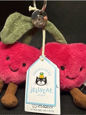 Jellycat Plush Cherry Keyring - Bright Pink with Green Leaf